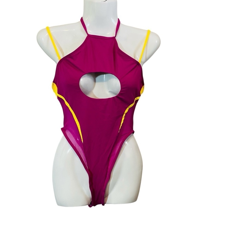 ICON Pink and Yellow One Piece High-Neck Swimsuit NWT Sz-Small